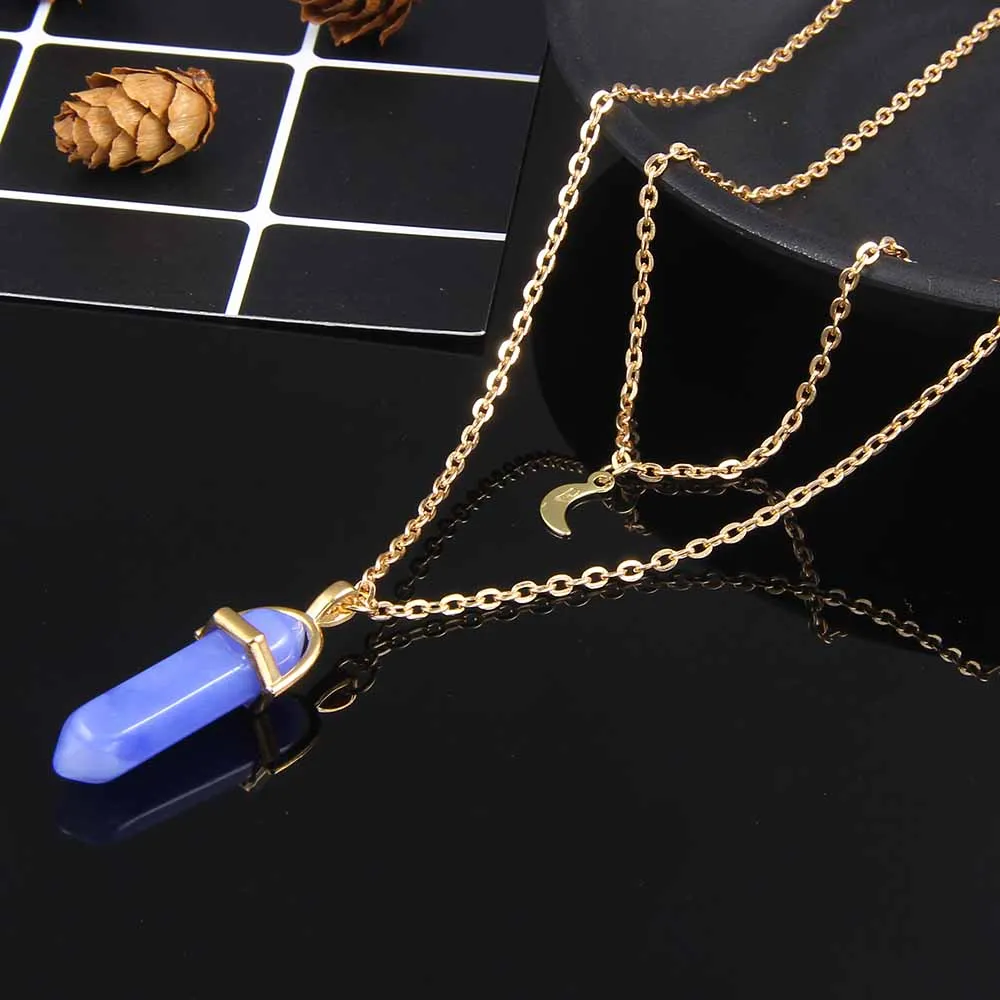 Natural hexagonal stone crystal pendant necklace for women opal stone moon choker necklace fashion gold color trendy Jewelry