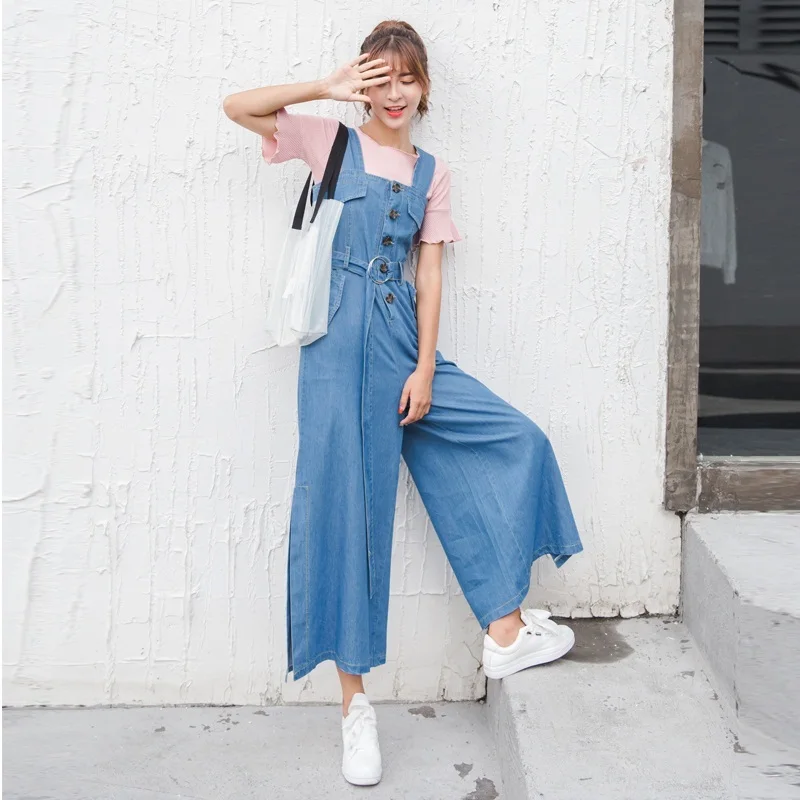 Jumpsuits women 2018 solid wide leg overalls for woman elegant ankle-length pants high waist belted loose jumpsuit DD571 L