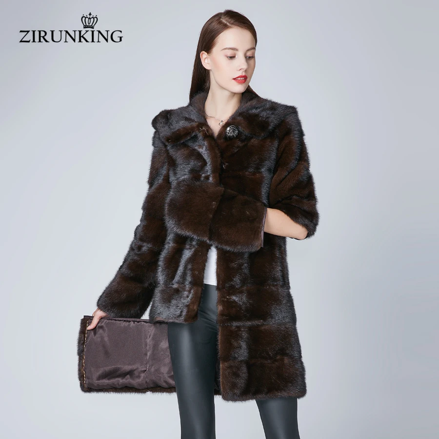 ZIRUNKING Hooded Women Real Mink Fur Coats Female Warm Winter Natural Entire Mink Long Parkas Fashion  Detachable Outwear ZC1866