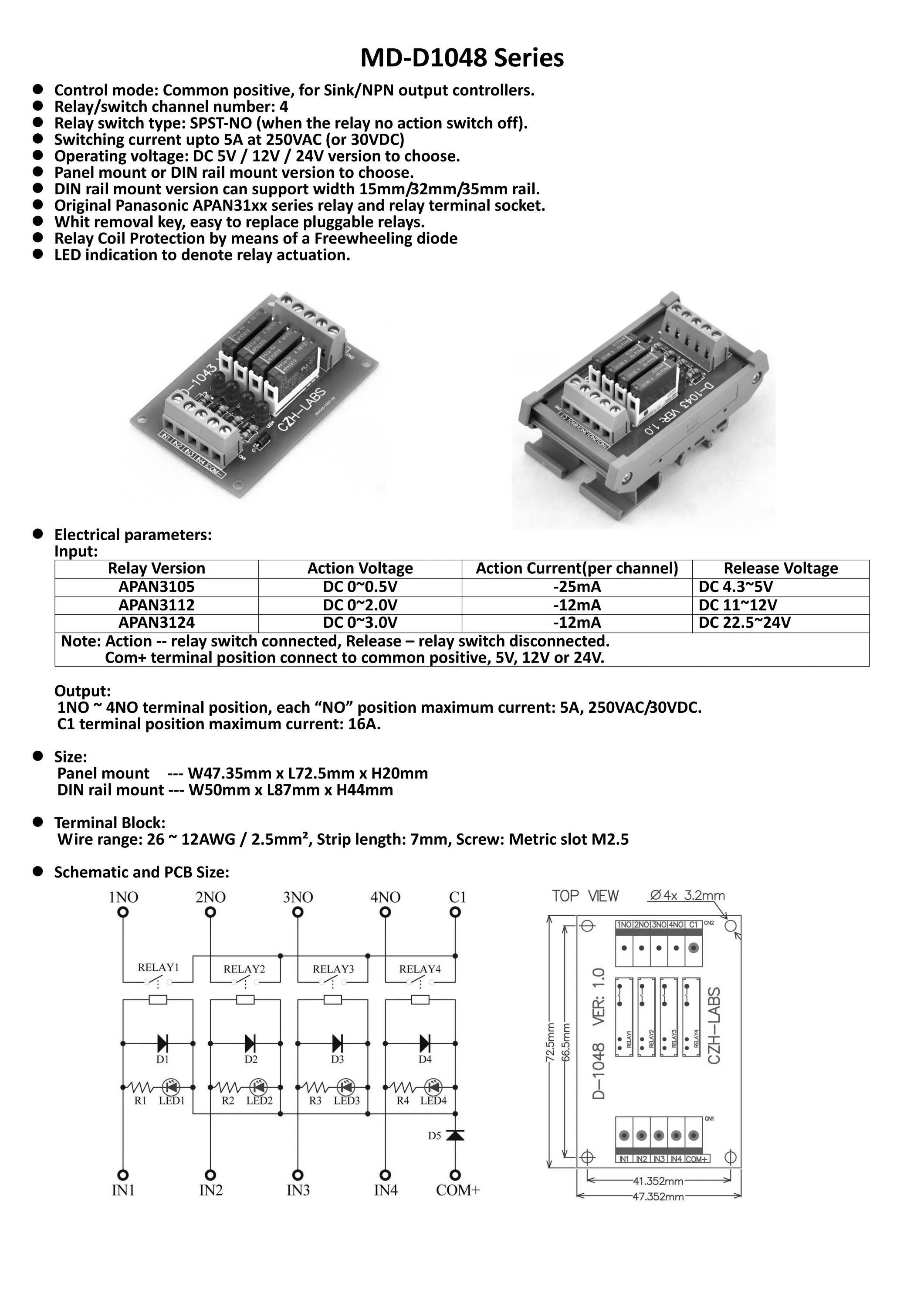 Slanke Panel Mount DC12V Sink/Npn 4 SPST-NO 5A Power Relais Module, APAN3112