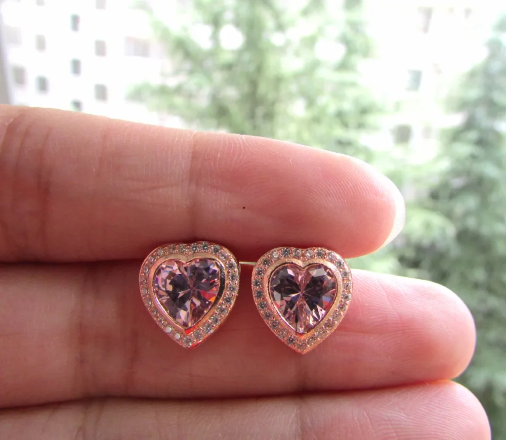 factory selling high quality 100% 925 sterling silver rose gold pink heart CZ earring for lover gift