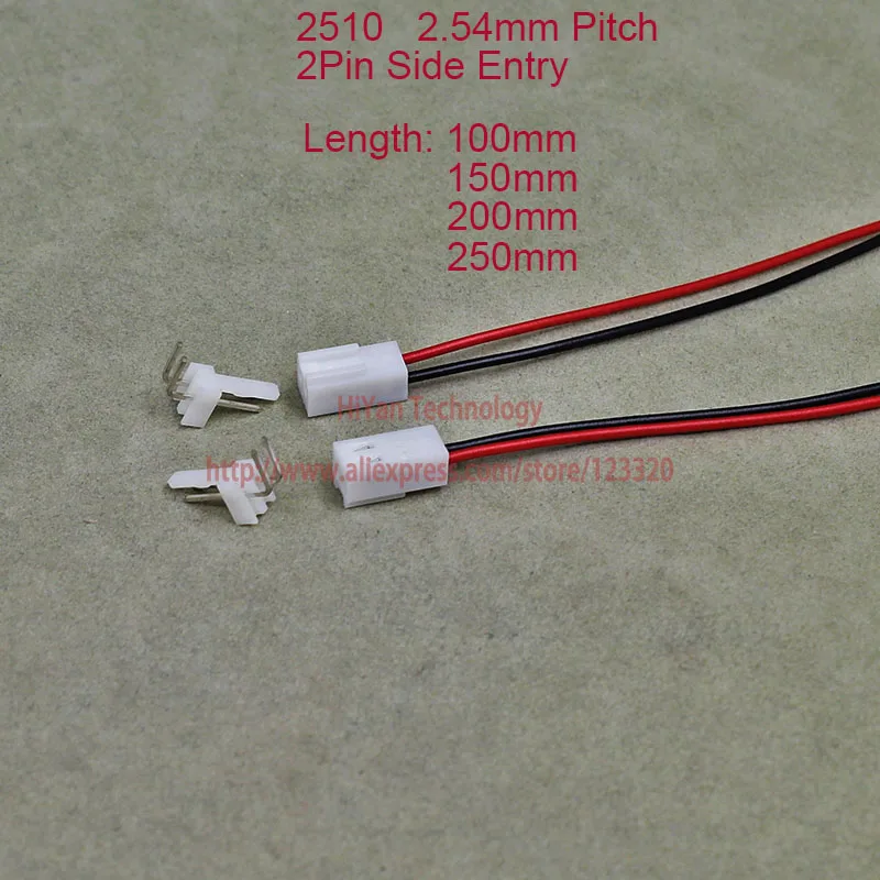 Conjuntos de 2510 2.54 Milímetros de Pitch Side Entrada Conector 100 mm a 250 mm com 1007 26awg 2pin Cabo de Fio Eletrônico 2aw Cabeçalho Pin 1000