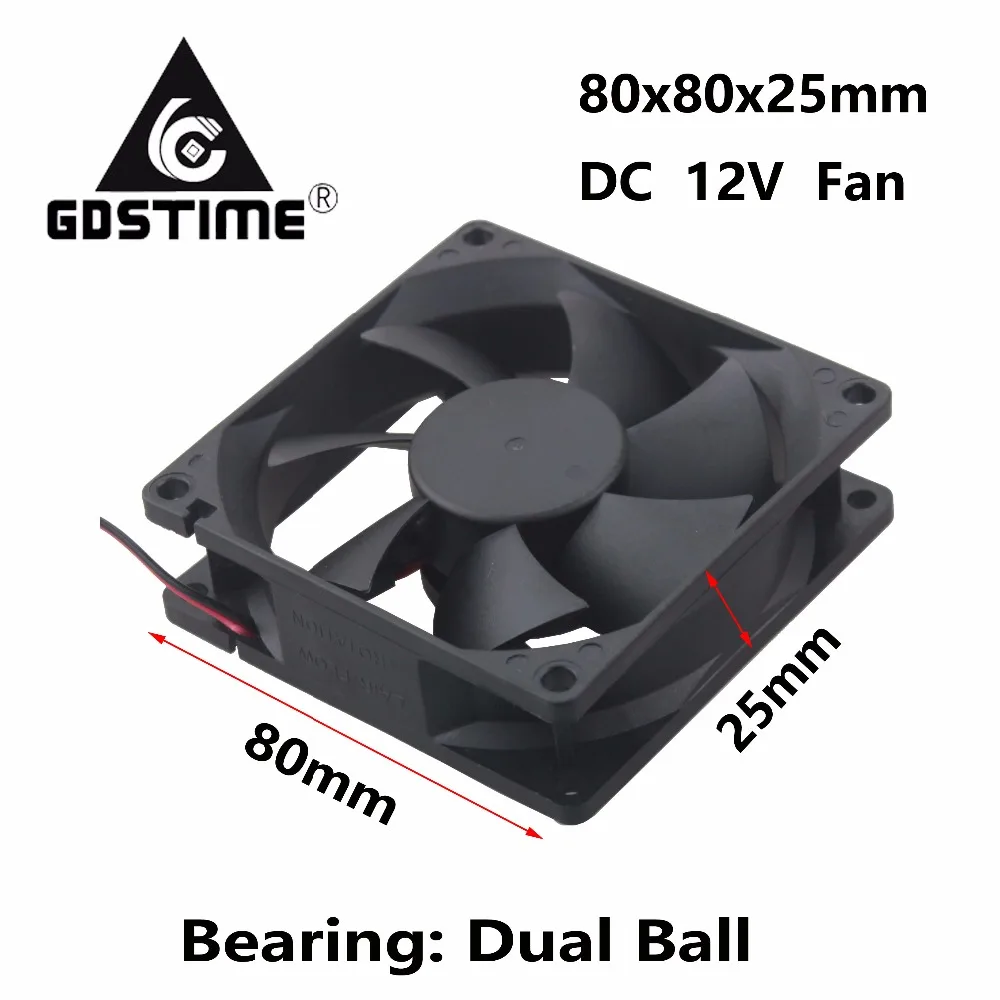 1 Piece Gdstime 80mm x 25mm 12 Volts 8025 Dual Ball 8cm DC Brushless PC Cooling Fan 12V 80x80x25mm 0.35A 4500RPM 80mm*80mm*25mm
