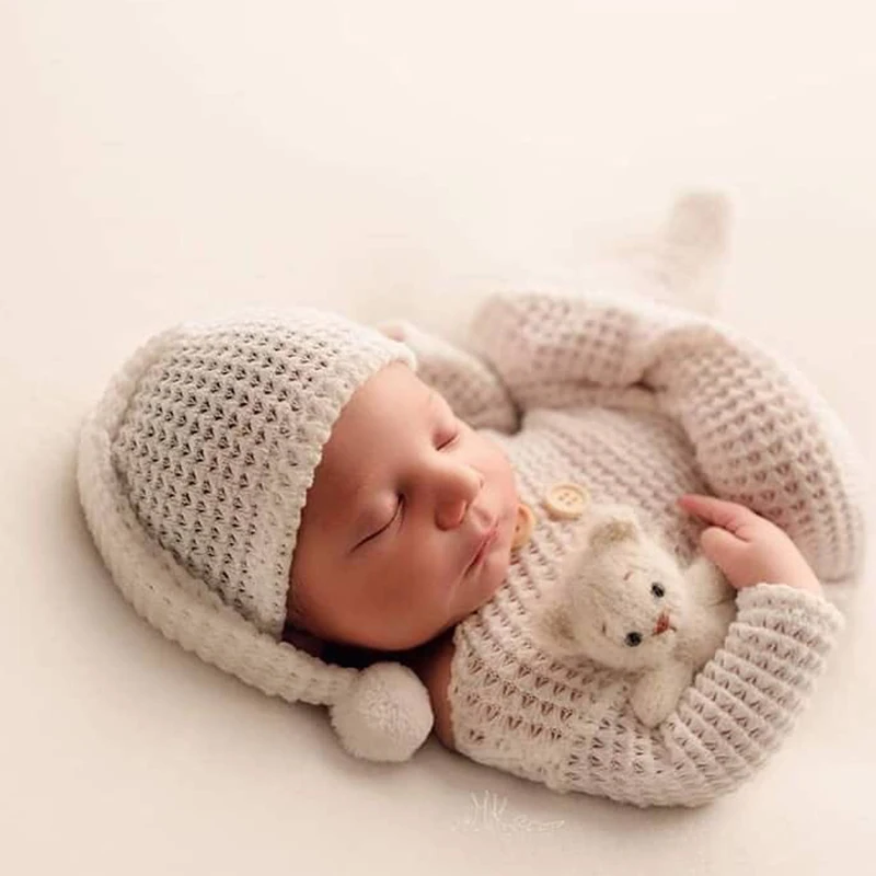 2021 New Baby Photography Props Boy Girl Rompers & Hat Set Newborn Photo Soft Knit Clothing Accessories Fotografia Studio Outfit