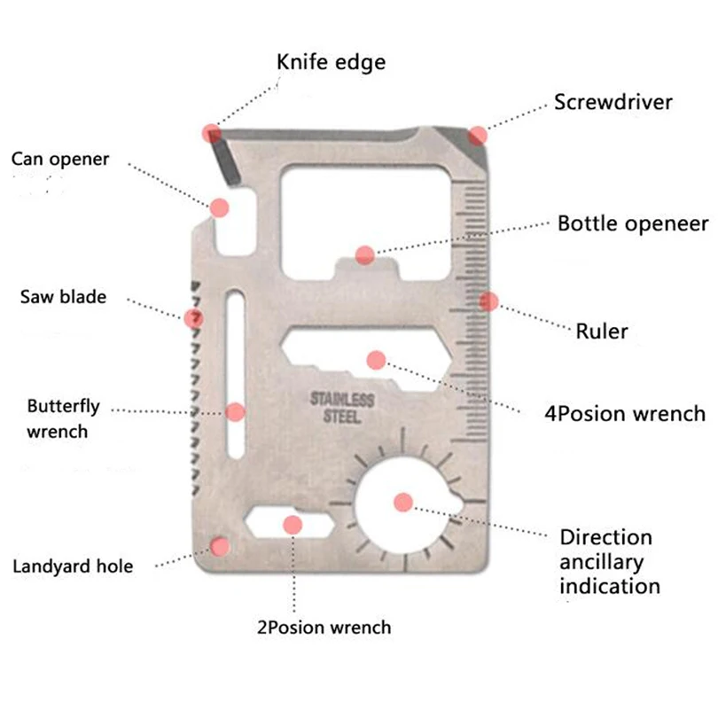 Outdoor Camping Stainless Steel 11 in 1 Multi-Function Tool Portable Pocket Card Survival Tools With Protective Holster FW187