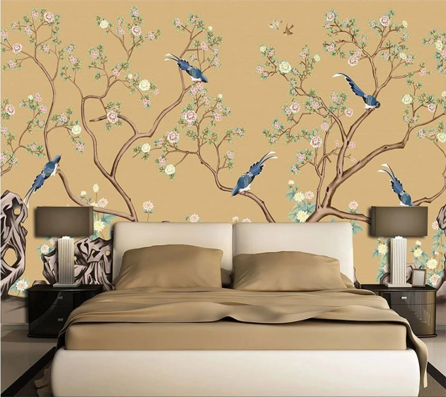 Papier peint chinois peint à la main avec des fleurs et des oiseaux, photo murale 3D personnalisée, mur de chambre TV, prune peinte à la main, nouveau