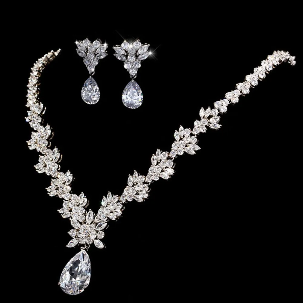 LUOTEEMI Style Arrive Fashion Pear Shape Crystal Zircon Wedding Jewelry Sets for Brides Luxury Bridal Necklace and Earrings Sets