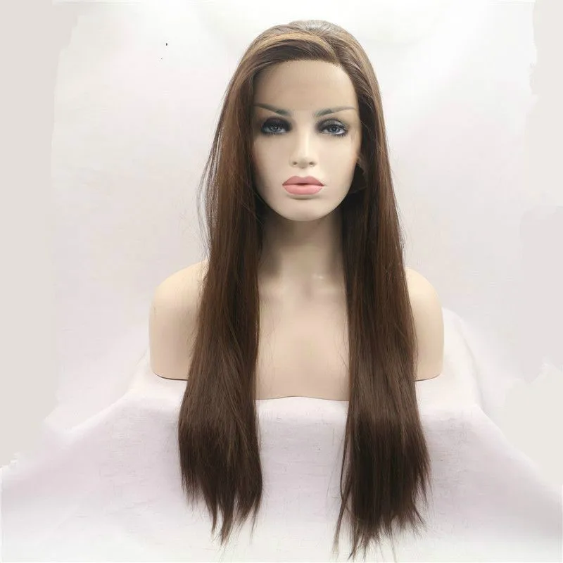 Sylvia Long Silky Straight Wigs Brown Synthetic Lace Front Wig Heat Resistant Fiber Hair Side Part For Women