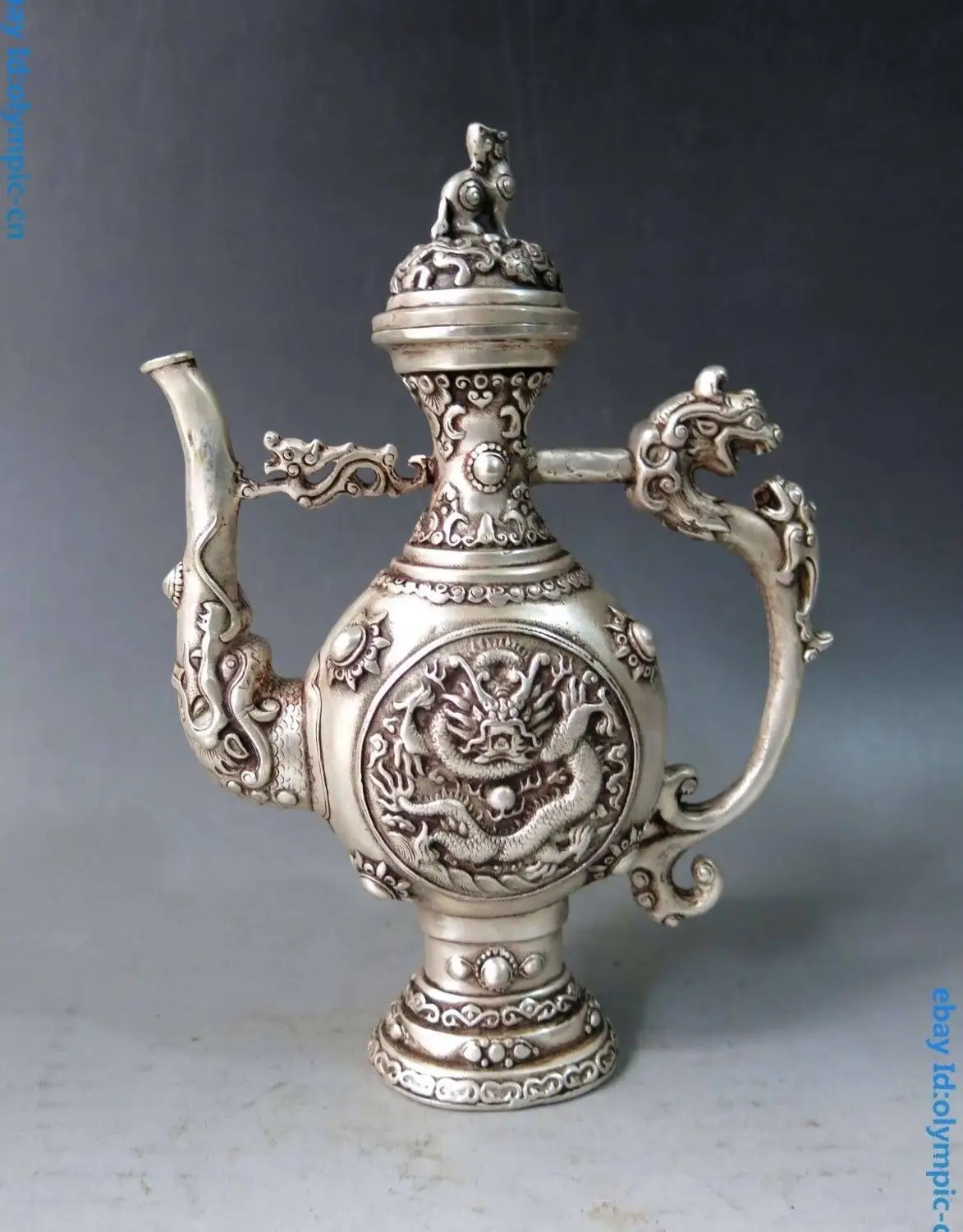 

9" China silver carved Foo Dogs Lion dragon play bead Flagon wine pot Statue