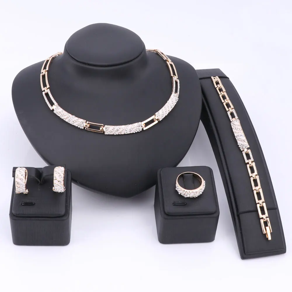 Women African Beads Jewelry Sets Cz Crystal Enamel Necklace Earring Ring Bracelet Jewelry Set Gold Color Statement Accessories