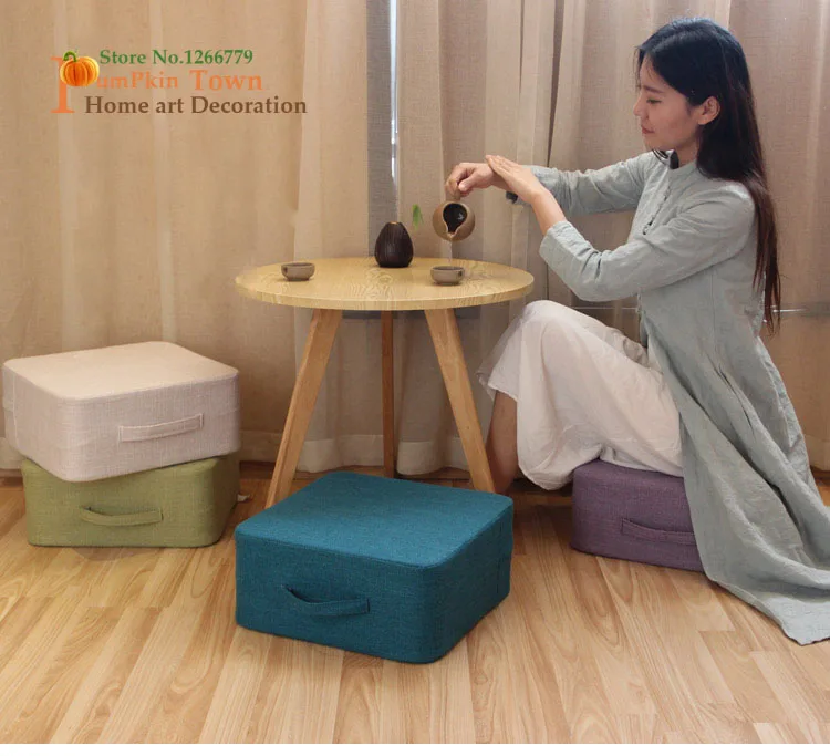 Rural style square color linen padded cushion,removable and washable floor thickening Japanese tatami mat,fabric square heighten