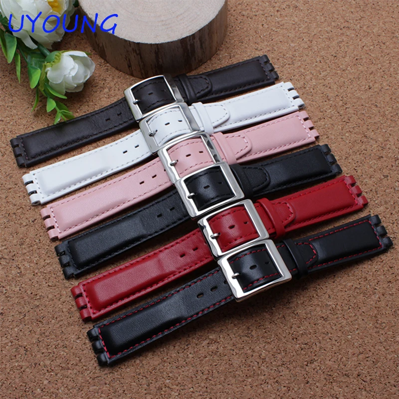 High Quality 17mm 19mm Waterproof Genuine Leather Watch Strap Band Black Brown White With Clasp for swatch wathcband