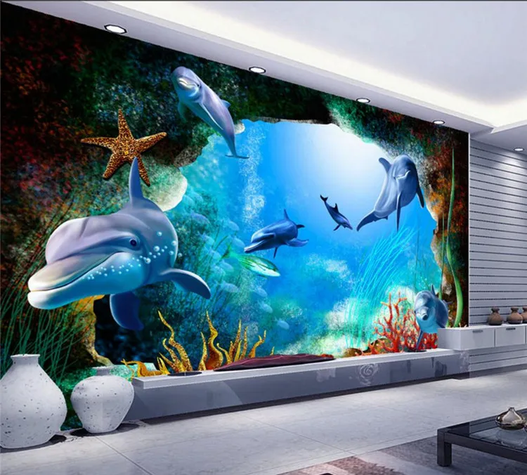 

Custom 3D Photo Wallpaper Scenery For Walls Ocean Seabed Cave Cartoon Dolphin Wall Mural Kids Wall Paper Children's Room Decor