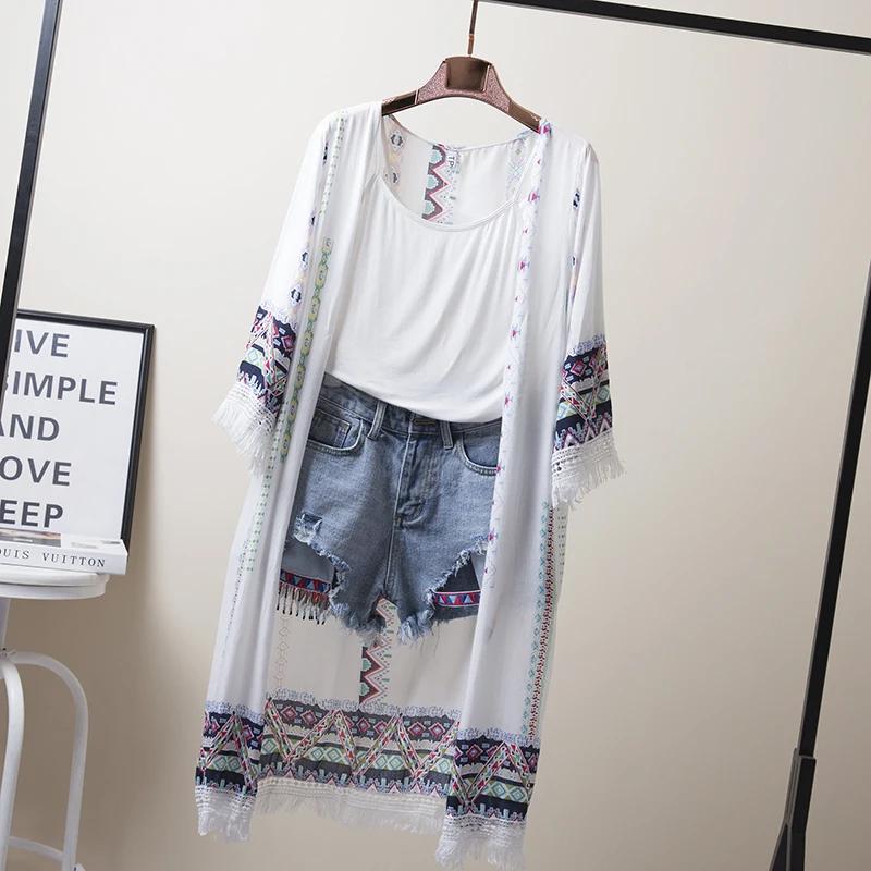 Bohemian Style 2021 Summer P Long Cardigan Kimono Tops Casual Boho Hippie Embroidery Tassel Ladies Shirts Women Tops