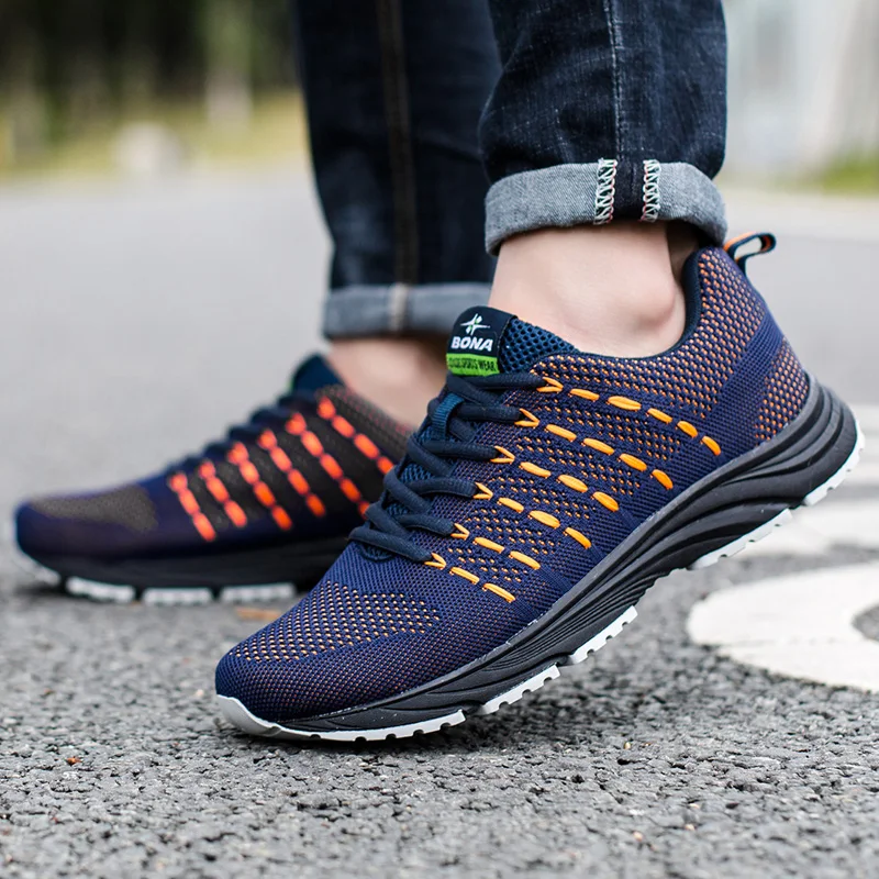 BONA Yeni Popüler Stil Erkekler Koşu Örgü Dokuma Üst spor ayakkabılar Açık Koşu Yürüyüş Ayakkabıları Lace Up
