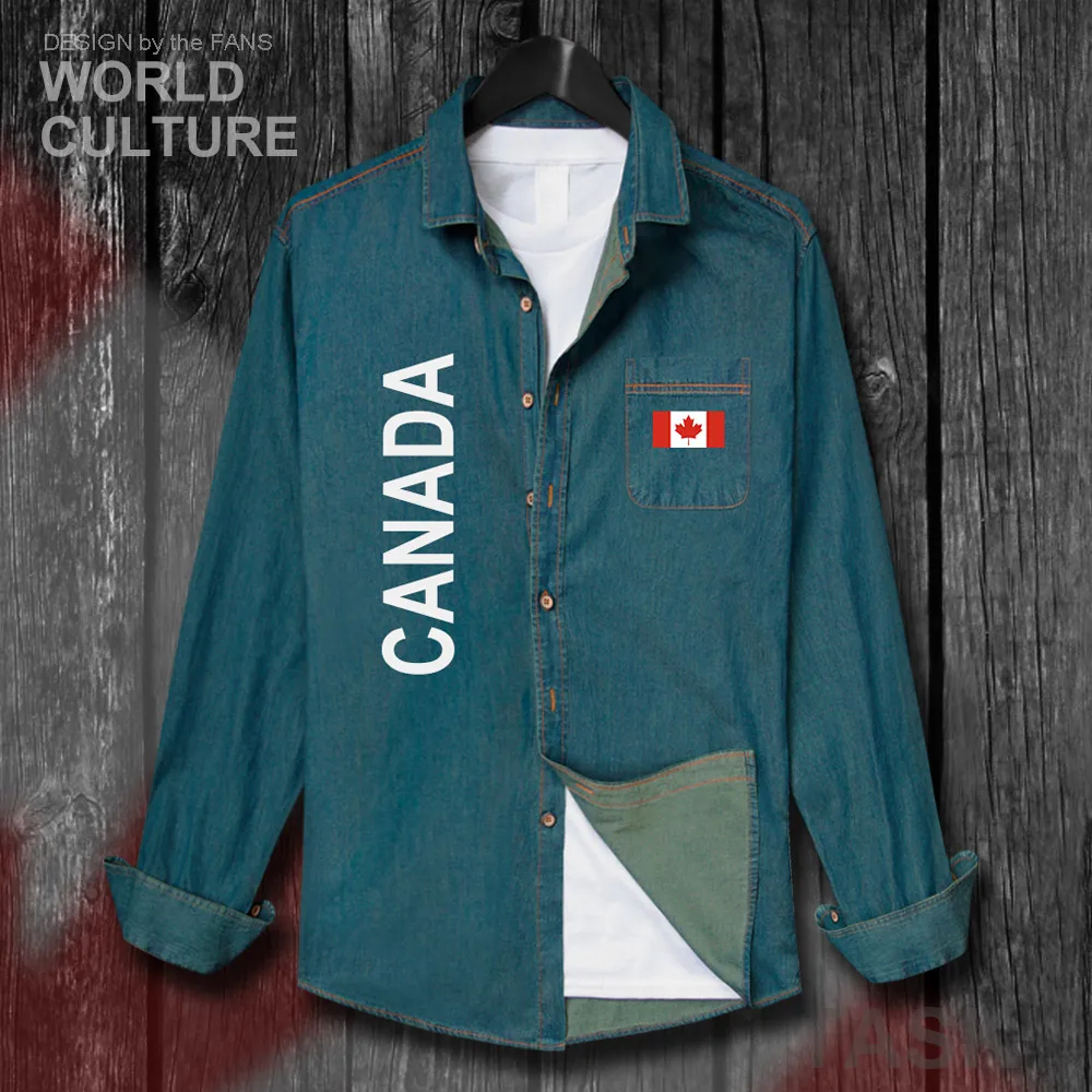 Canada Canadians CA CAN Men Flags Clothes Autumn Cotton Long Sleeve Cowboy Casual Coat Fashion Turn-down Collar Jeans Shirt Tops