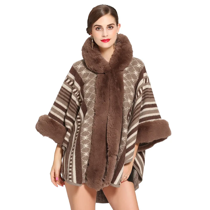 4 Colors Oversize Women Printed Striped Coat Female Long Sleeves Knitted Cardigan Cloak With Hat Winter Faux Rabbit Fur Poncho