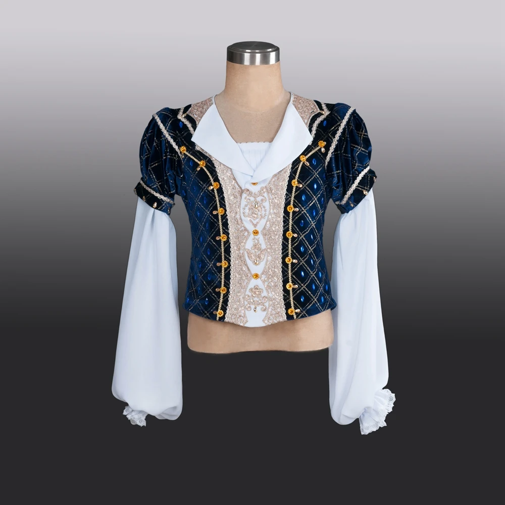 Fltoture BLM008 Man Tunic For Ballet Performance Show Male Dance Costumes Men Velevt Tops With Chiffon Sleeve Dark Blue Tunics