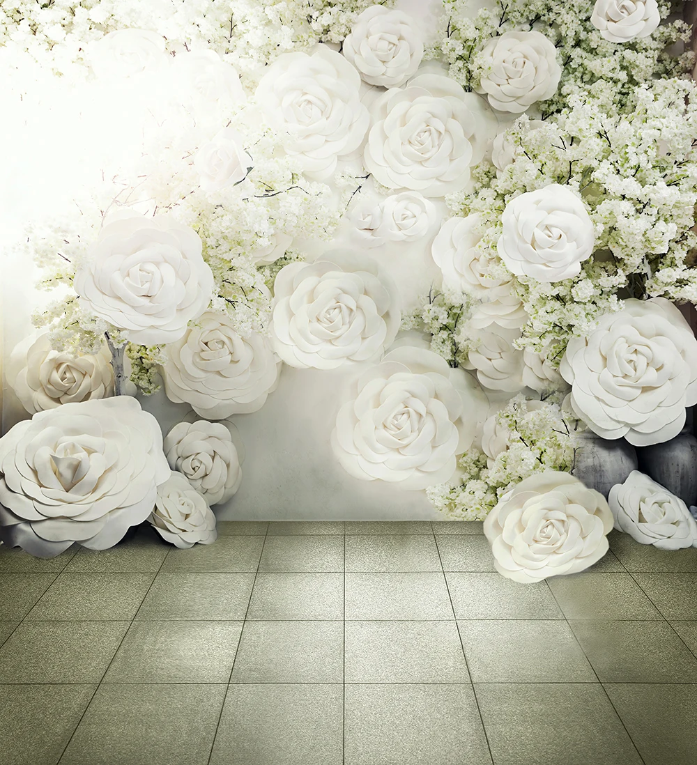 

Digital Printed 3D White Roses Background for Photo Studio Romantic Flowers Wall Wedding Floral Photography Backdrops Vintage