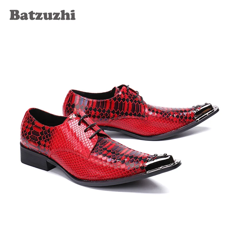 Batzuzhi Red Wedding Men Shoes Zapatos Hombre Fashion Men Shoes Scales Pattern Leather Dress Shoes Men Lace-up Metal Tip, 38-46