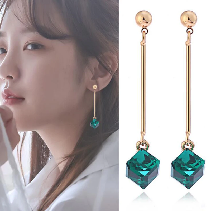 GRACE JUN Korea Style Long Clip on Earrings and Drop Pierced Earrings for Women Gorgeous Gold Color Crystal Earrings Not Allergy