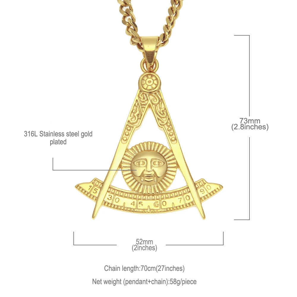 Stainless Steel Mens Gold Plated Past Master with Sun Masonic Pendant Necklace With 5mm 70cm Cuban Chain Regalia Freemas Jewelry