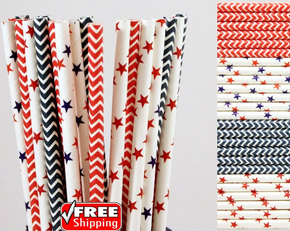 200 Pcs Mixed 4 Designs Navy Blue and Red Themed Paper Straws-Star,Chevron 4th of July Patriotic Independence Day Picnic Party