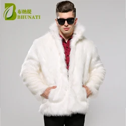 BHUNATI Mens Fur Coat White Stand Collar Long Sleeve Winter Men Fur Coat Winter Faux Fur Solid Loose Fox Fur Jacket Men Casual