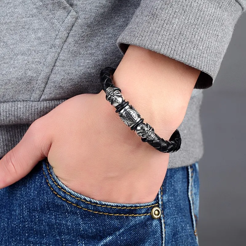 Aizhixiu 2023 Fashion Men Jewelry Black Cuff Braided Leather Bracelet Men Stainless Steel Magnetic Buckle Clasp Christmas Gift image 3