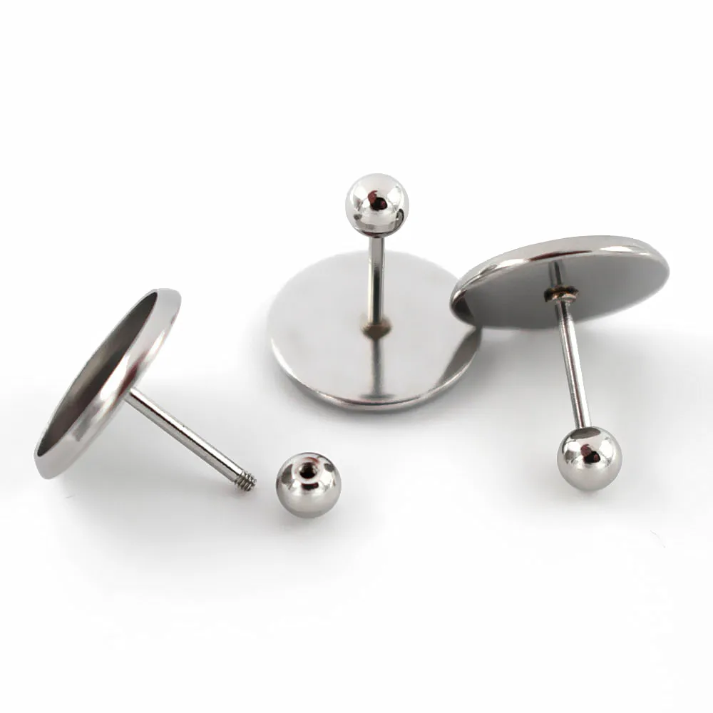 100pcs Stainless Steel Ear Post Stud Earrings Round Ball Screwed Off wiht 8 10 12mm Cameo Cabochon Base Findings DIY Jewelry