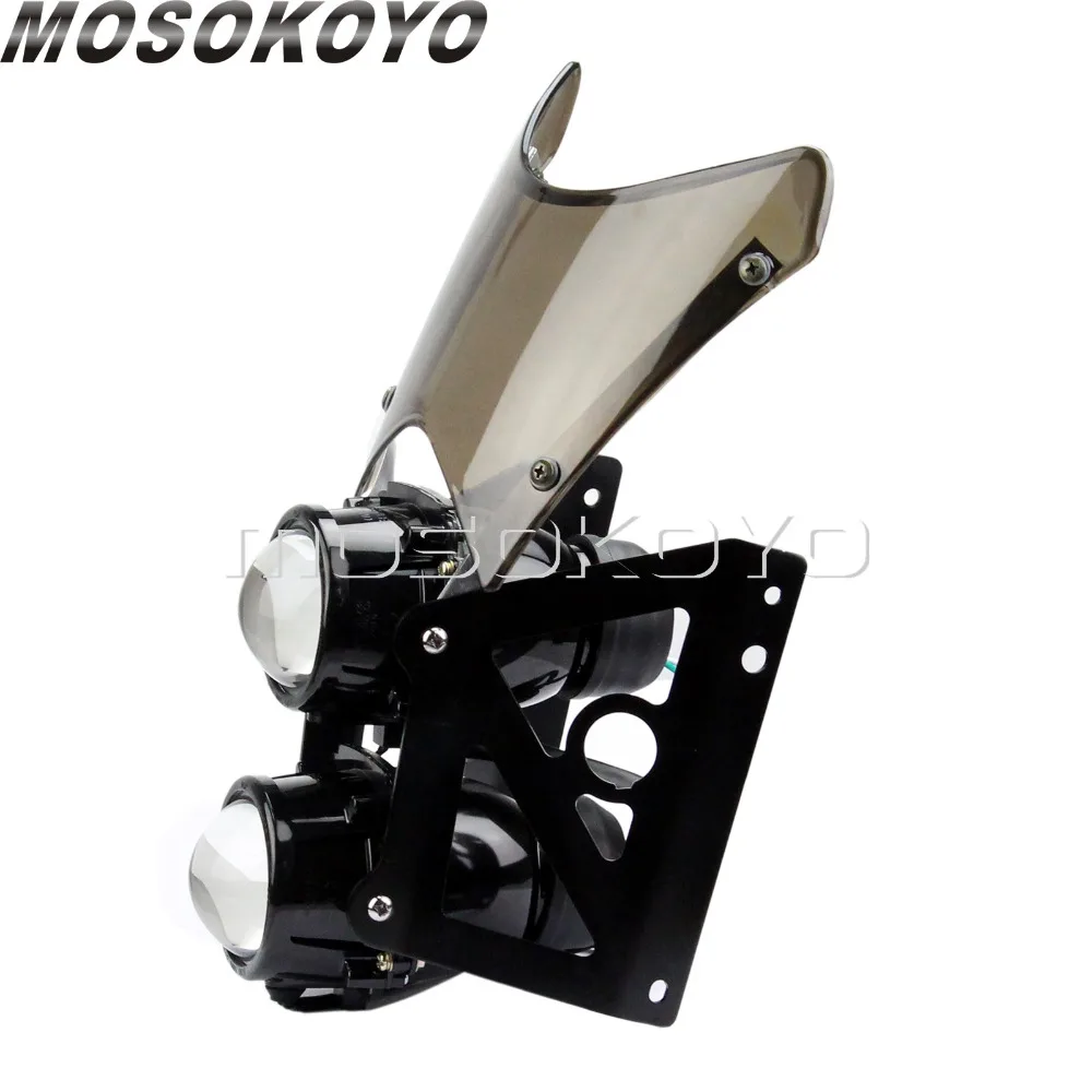 Motorcycle Dirt Bike Custom Twin Headlight Projector Front Lamp with Bracket Wind Screen for Honda Yamaha Suzuki Kawasaki