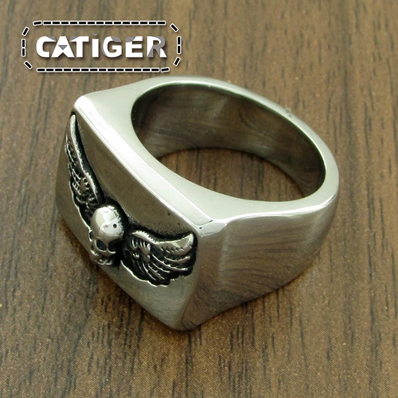 Punk 316L Stainless Steel Feather Skeleton Rings Cool Silver Color Black High Polishing Wings Skull Ring Jewelry
