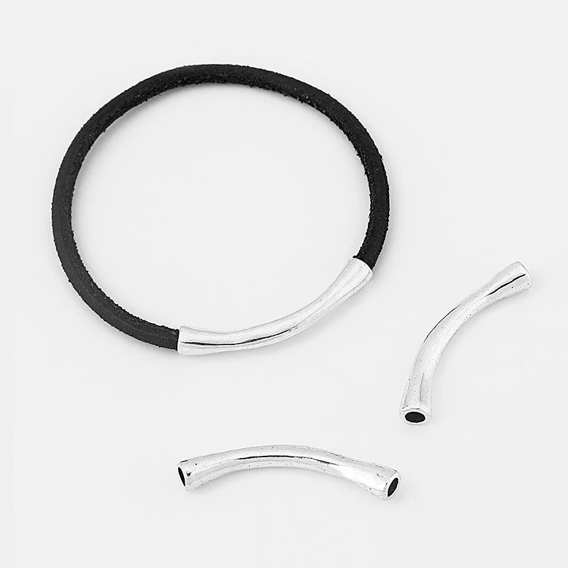 10Pcs Antique Silver Color Zamak Solid Plain Curved Tube Connector For 4mm Round Leather Cord Bracelet Jewelry Findings