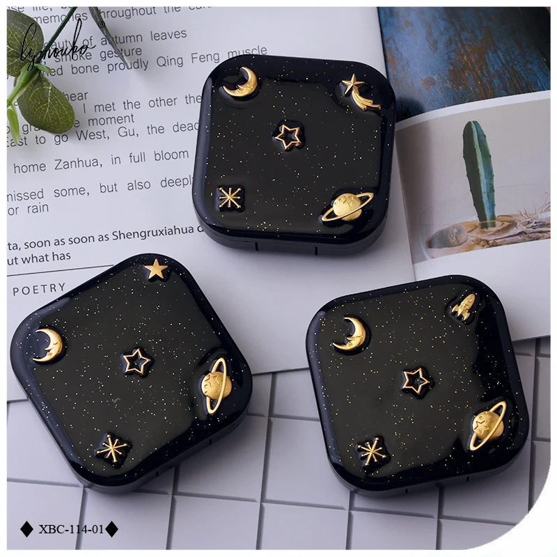 Lymouko High Quality Moon Star Space Black with Mirror Contact Lens Case for Women Kit Holder Portable Contact Lenses Box