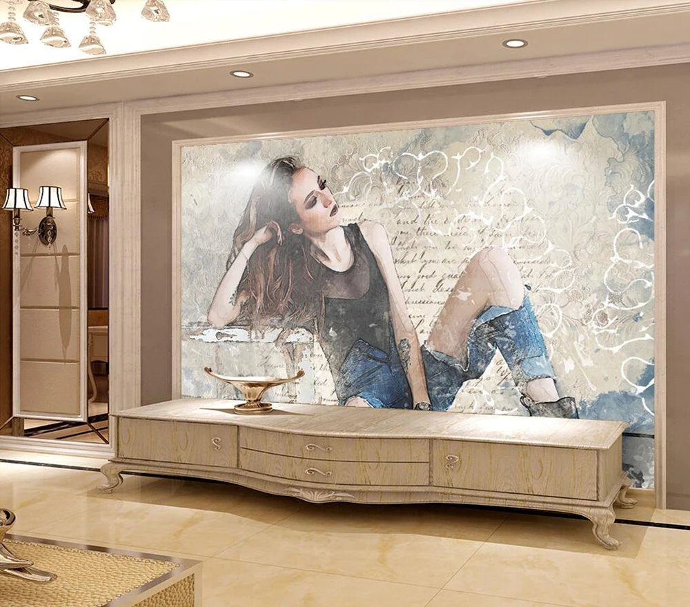 

Decorative wallpaper Hand-drawn jeans girl background wall painting