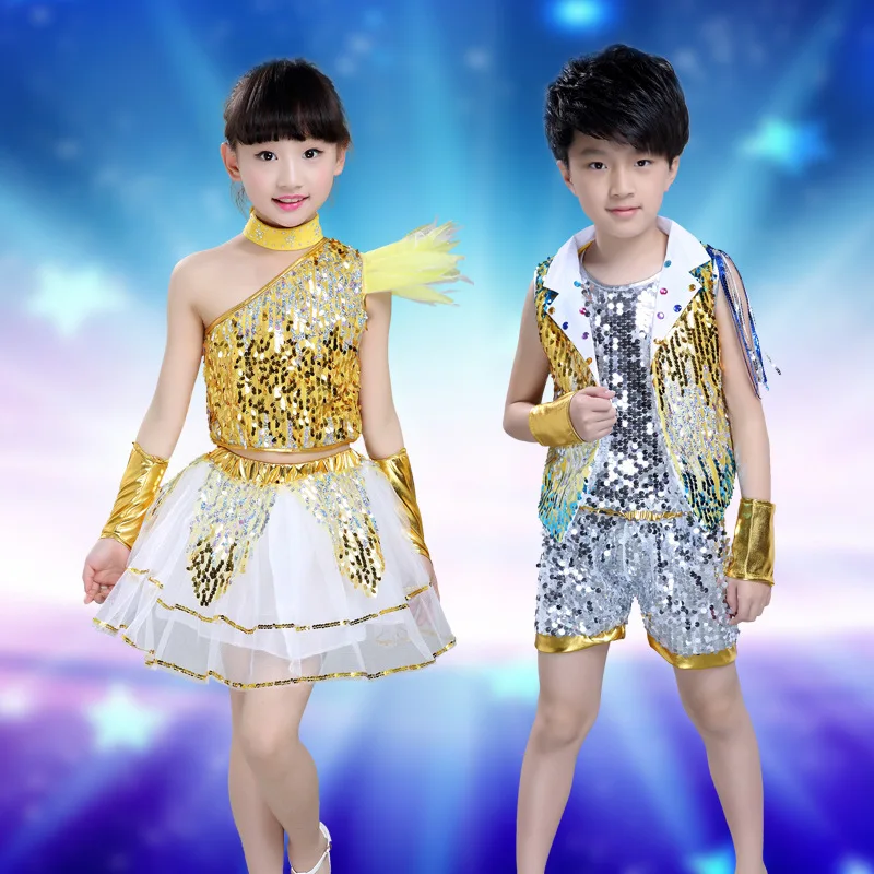 New Boy Girl blau gelb Pailletten Jazz Tanz Bühne Kostüm Kleidung HipHop sexy moderne Dance wear Ballrom Kleid Rock Anzug Tutu