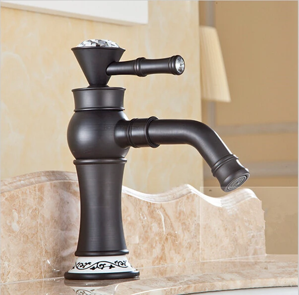 

Antique Brass Black Bronze Finished Retro Bathroom Basin Sink Mixer Taps with porcelain and diamond Swivel Spout Faucet B3222