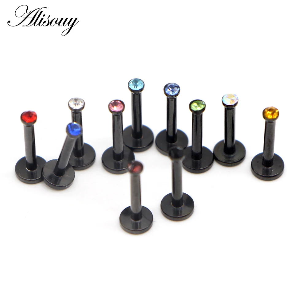Alisouy 1pc Black Stainless Steel Zircon Crystal Earring Flat Labret Lip Piercing Tragus Rings Helix Ear Stud 8MM Body jewelry