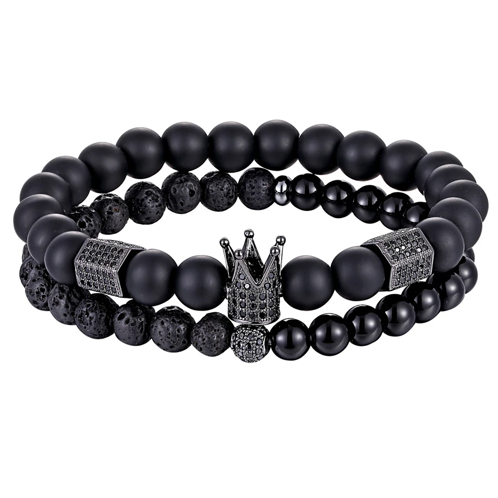 XQNI Box With Jewelry Nice Packaging Matte Onyx Stone & Lava Stone Combination Cubic Zircon Accessories Beads Bracelet For Men