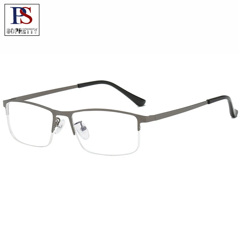 Lunettes de myopie en alliage de titane pour hommes, demi-monture carrée Anti-lumière bleue Non sphérique à 12 couches revêtues (L190)