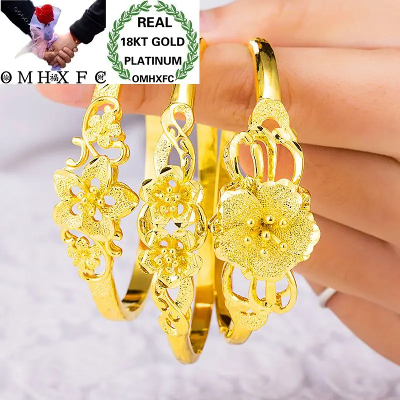 

OMHXFC Wholesale European Fashion Woman Girl Party Wedding Gift Hollow Flowers Sakura 18KT Gold Bangles Bracelets BE86