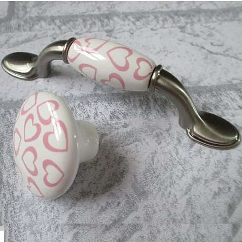 Pink love heart ceramic drawer cabinet handle 76mm stain silver dresser cupboard door pull 3' furniture decoration hardware pull