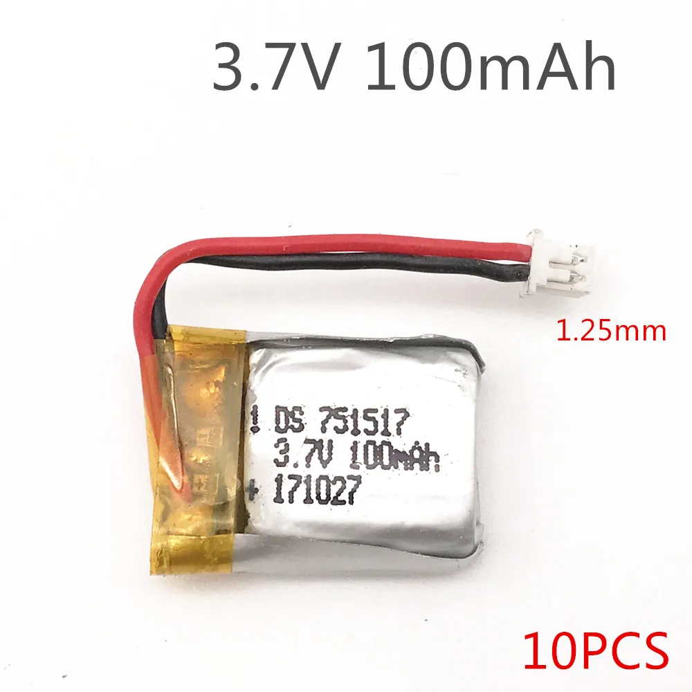 10pcs 1S 3.7V 100mAh Lipo Battery For  RC Quadcopter Spare Parts 3.7 V 100 mAh Li-po Battery 1.25mm