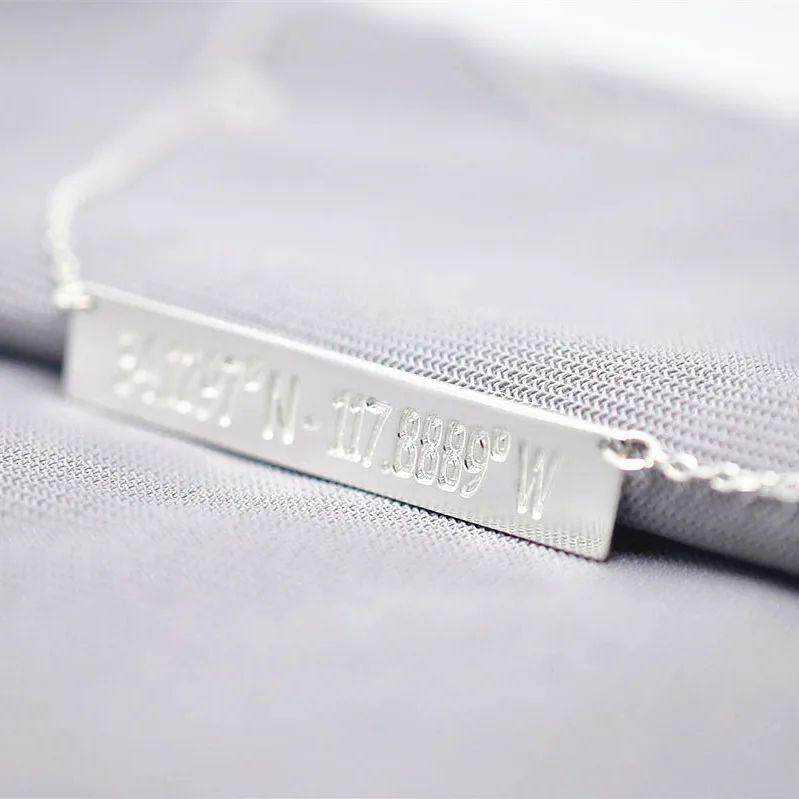 

Solid Silver Bar Engraving Longitude Latitude Personalized Pendant Custom Coordinate Stamp Memorial Jewelry collier colar