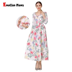 2025 NEW Print Maternity Dresses Breastfeeding Clothes for Lactation Pregnant Women Cotton Blend Dress Long Elegant Temperament