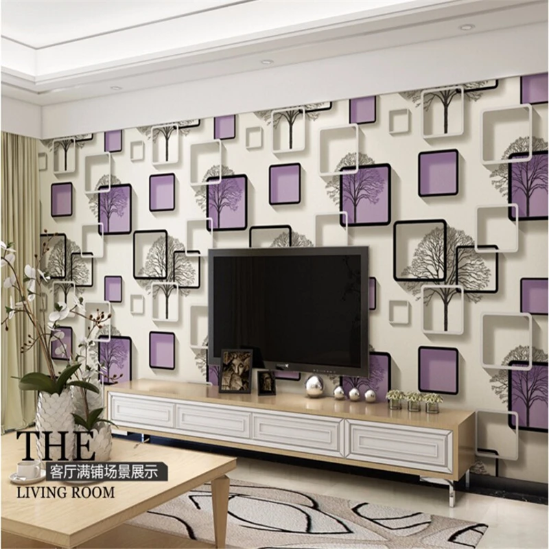 Beibehang Sederhana 3d Wallpaper Latar Belakang Wallpaper Ruang Duduk TV Ungu PVC Tahan Air Grid, Biru dan Hitam Wallpaper Roll