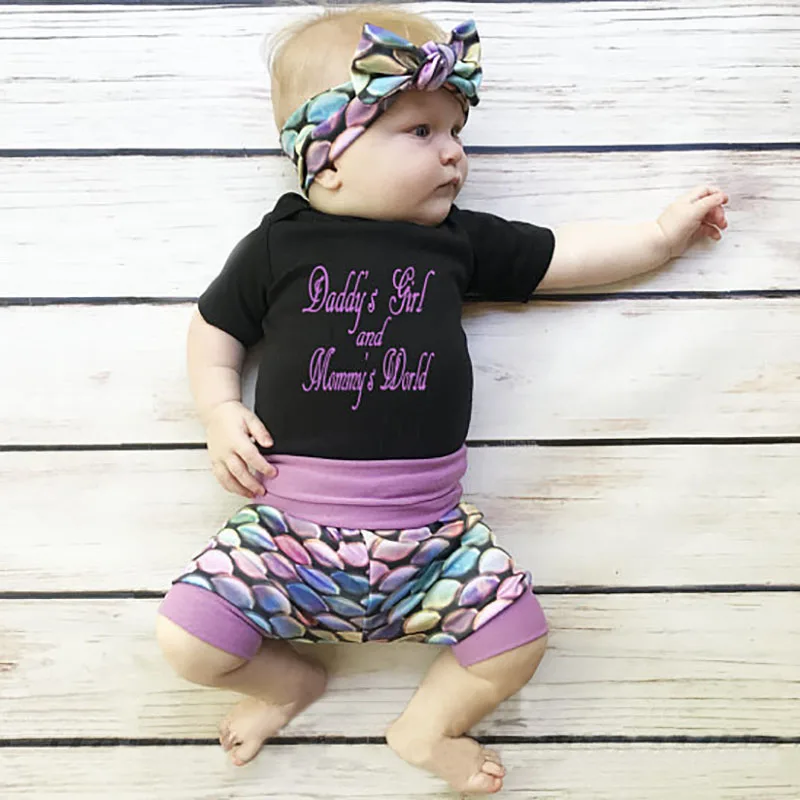 

0-18M/Newborn Baby Boys Clothes Baby Girls outfits Mermaid Brand headband T-shirt jumpsuits short pant 3PCS set Child suit A297