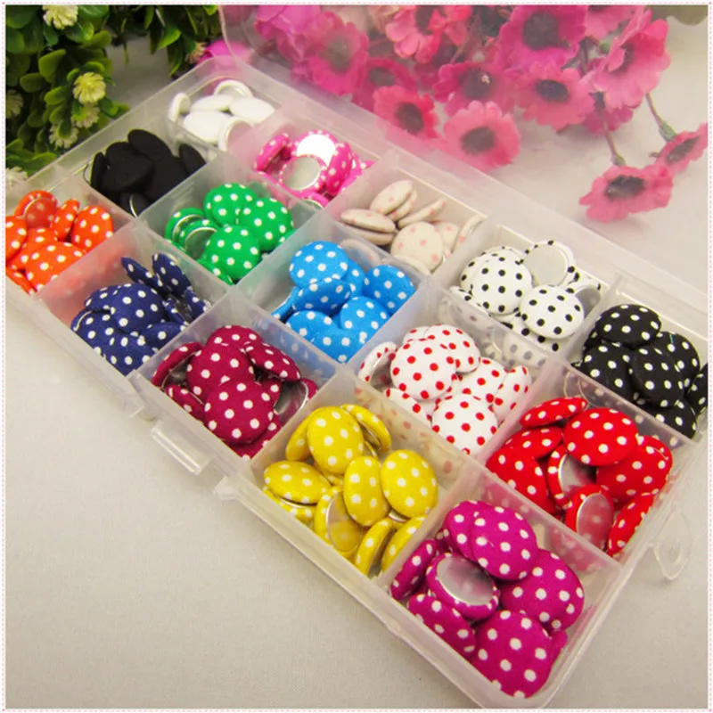 225 pcs 15 color mix   15mm DOT Fabric Covered flat back Buttons, Cloth Covered Buttons, garment accessories,XK5642