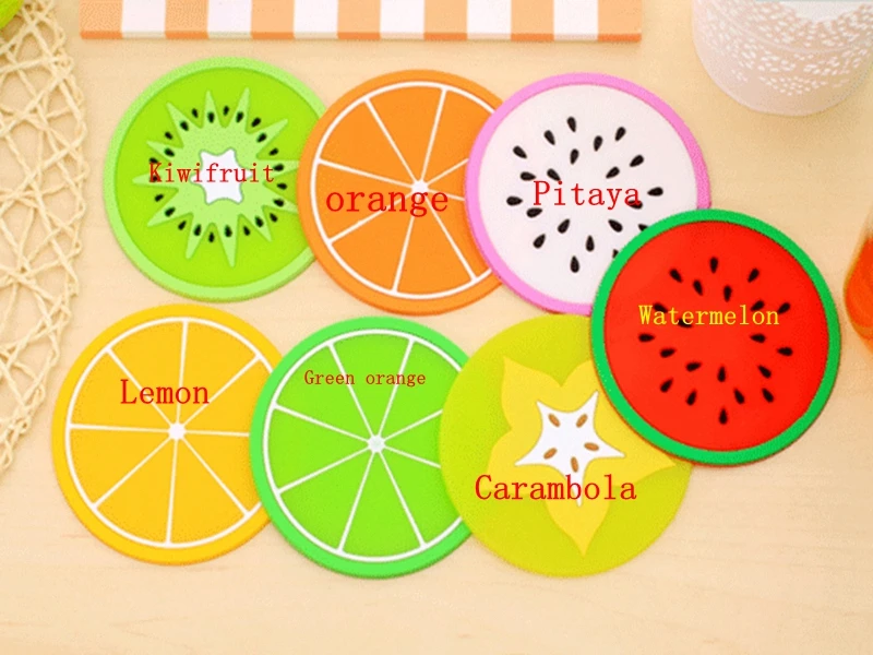 200pcs/lot Fast shipping 9Cm Cute Fruit Coaster Colorful PVC Tea Cup Drinks Holder Mat Placemat Pads