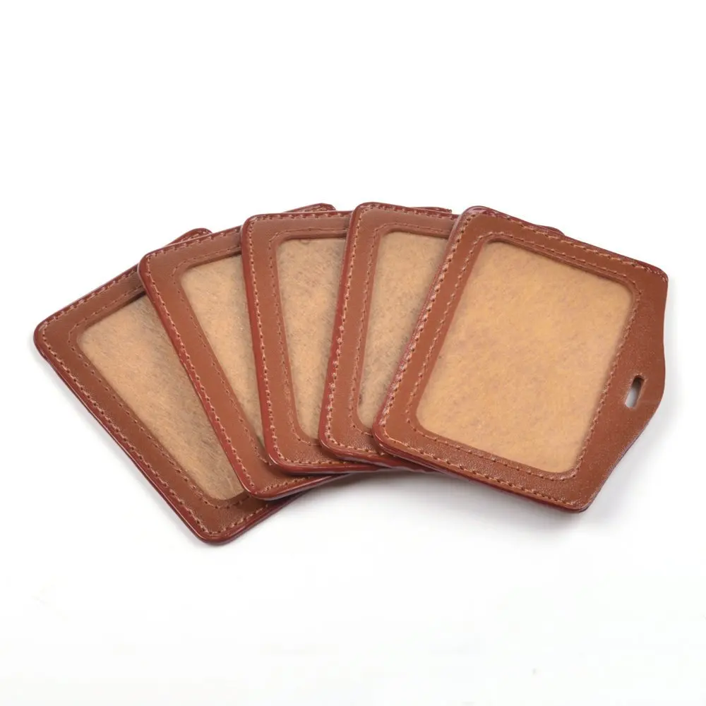 5pcs Brown Horizontal Style Faux Leather Business Id Credit Card Badge Holder